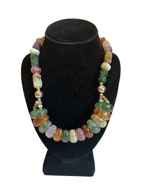 Multi-Color Beaded Necklace Lucite Polished Gold-Tone Accents Chunky Vintage